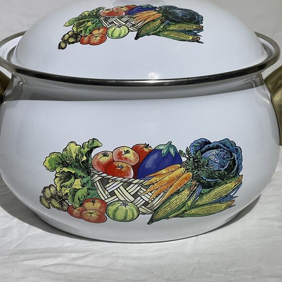 Vintage Garden Harvest Enamel Stockpot with Lid Brass Handles 7 Inch Grannycore - Picture 5 of 9